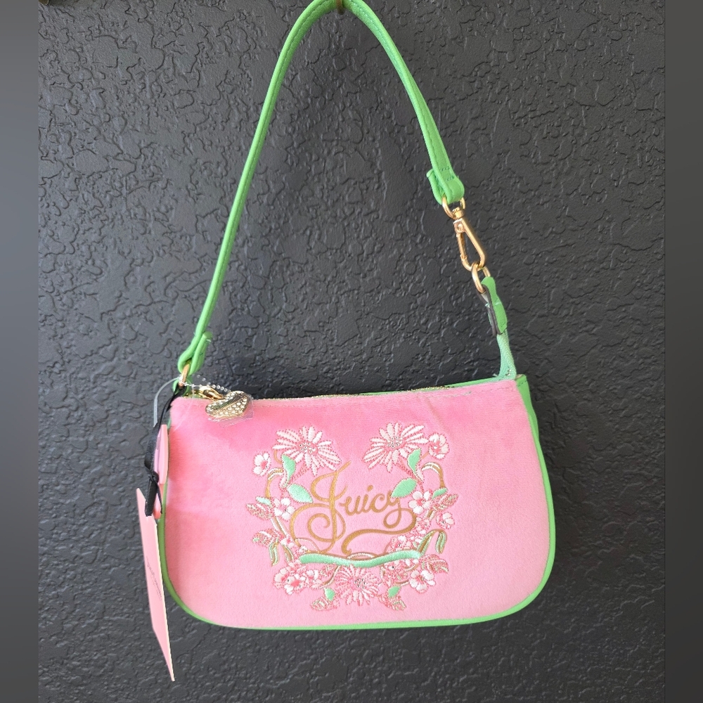 Juicy Couture Pink Clutch with Green Trim and Floral Embroidery